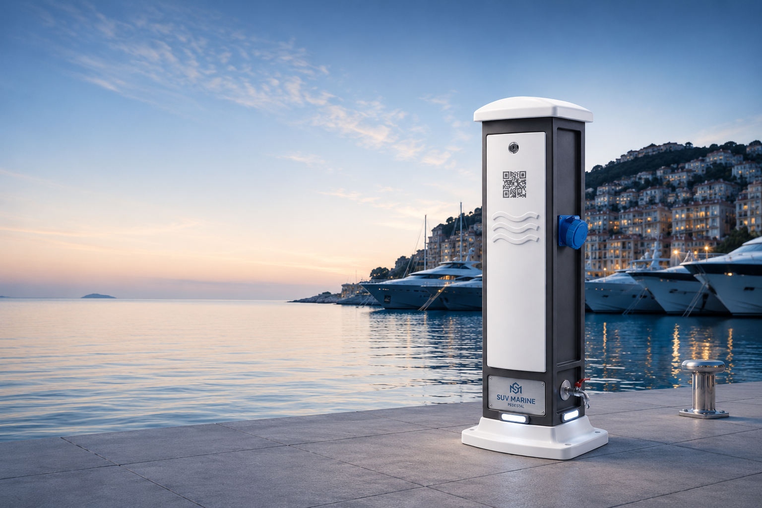 SUV Marine pedestal, gün batımında marina rıhtımında