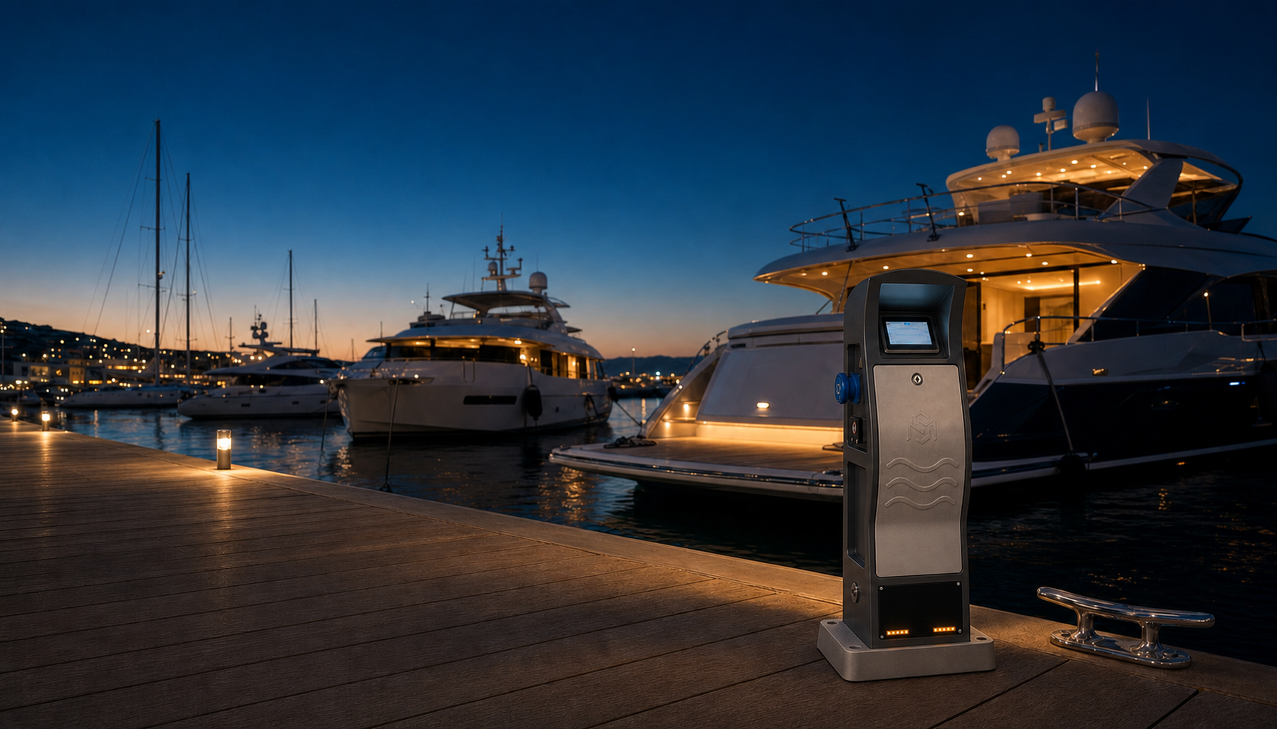 Alacakaranlıkta bir marina iskelesinin kenarında duran SUV Marine akıllı pedestal